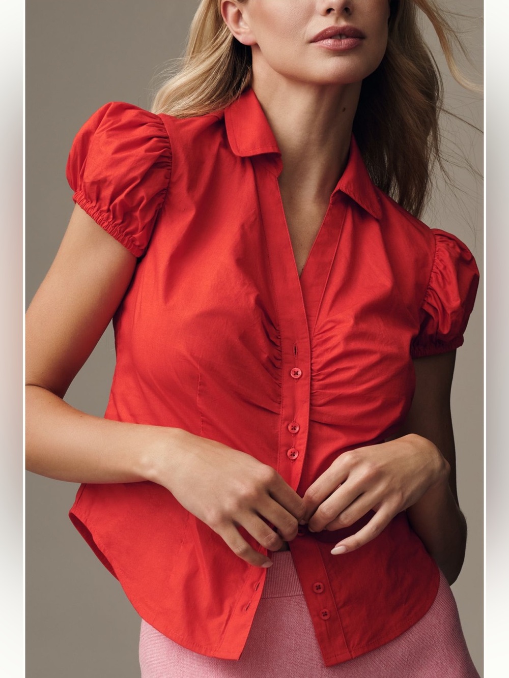 Anthropologie Maeve Puff-Sleeve Button-Down Top Women Size XXS